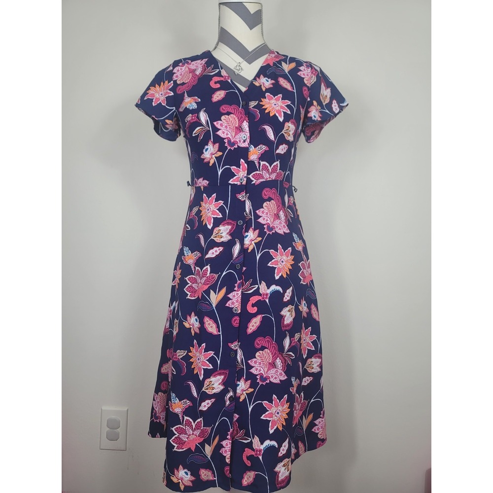 LOFT Petite Sz 00P Floral Print Navy A-Line Midi Dress Button Down Short Sleeves
